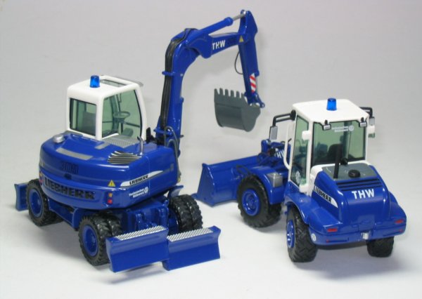Liebherr L510 and A309 models in "THW" livery